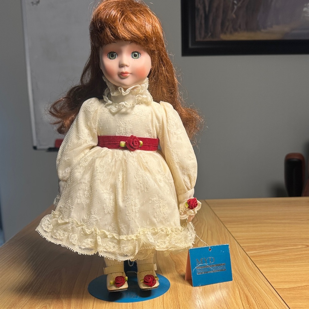 Marian yu design Cream Porcelain Doll with Red Accent